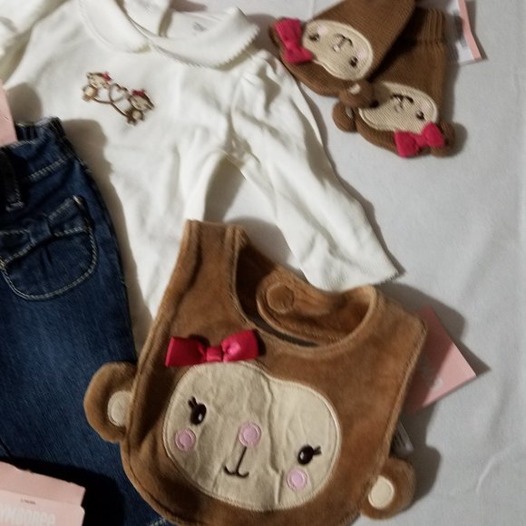 Gymboree Mischievous Monkey NWT 0-3 Month Jeans, bodysuit, bib, headband, socks - Picture 3 of 6